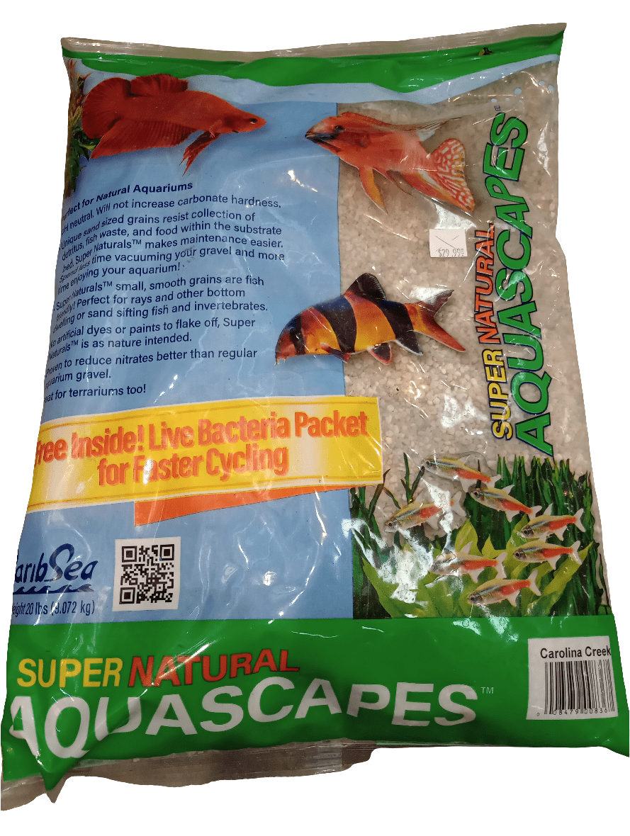 Caribsea's Aquascapes Super Natural aquarium substrate, labeled Carolina Creek, comes in a 20 lbs (9.07 kg) package featuring images of fish and plants and includes a live bacteria packet for faster cycling.