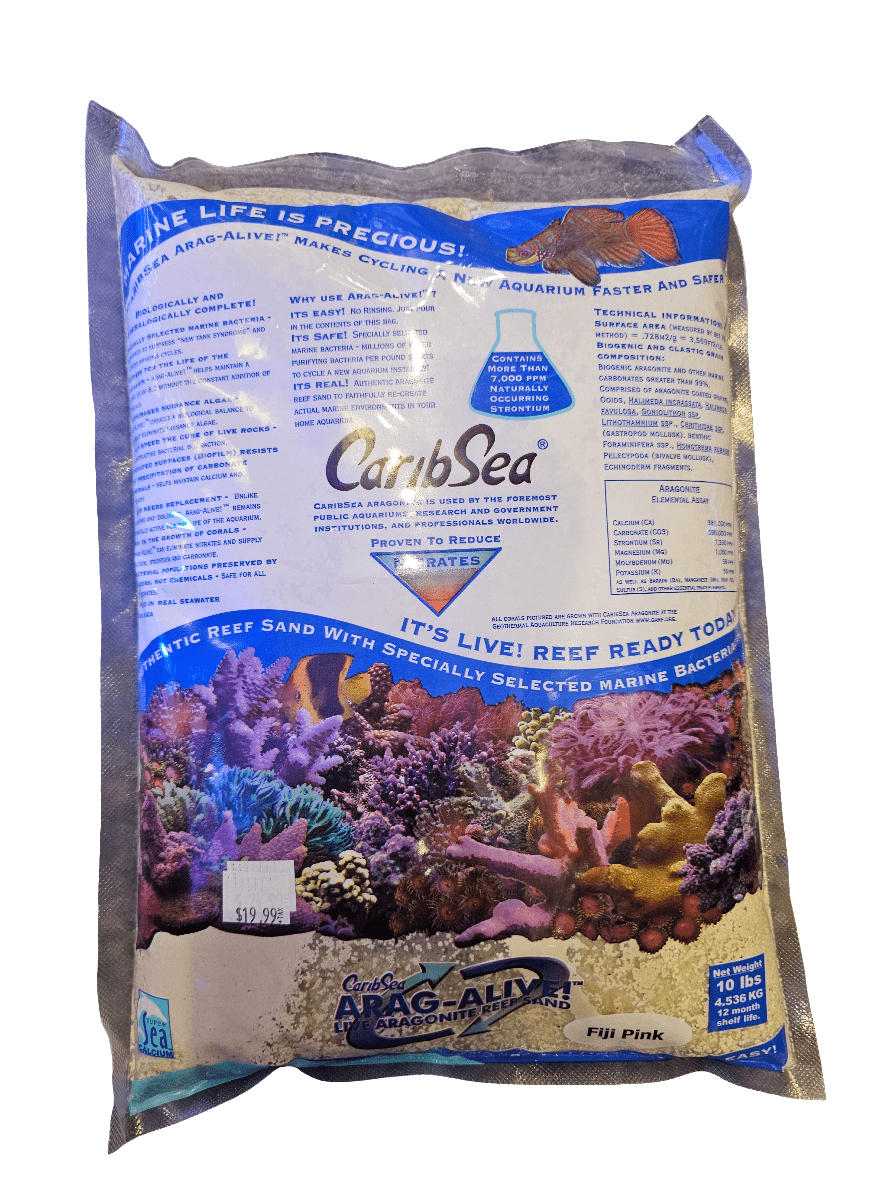 A 10 lb bag of CaribSea Arag-Alive Fiji Pink features images of coral and marine life, and its label emphasizes advantages such as expedited cycling and nitrate reduction due to its abundant marine bacteria. It is priced at $19.99.