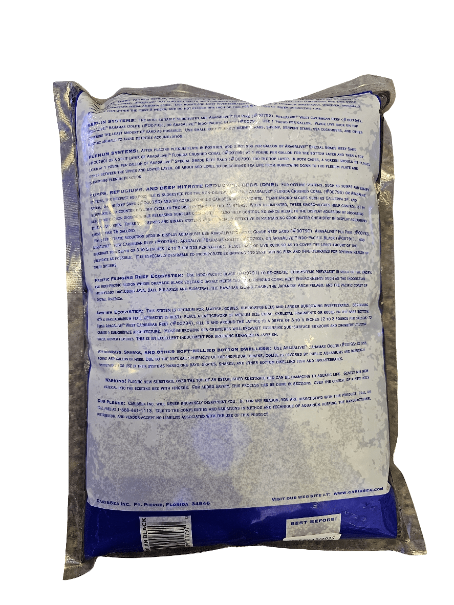 A product packaged in blue and silver that features printed text all over its surface, including instructions and product information with key terms in bold. The packaging for the Caribsea - Arag Alive Sand - Hawaiian Black 10 lbs appears crinkled, displaying a reflective quality.