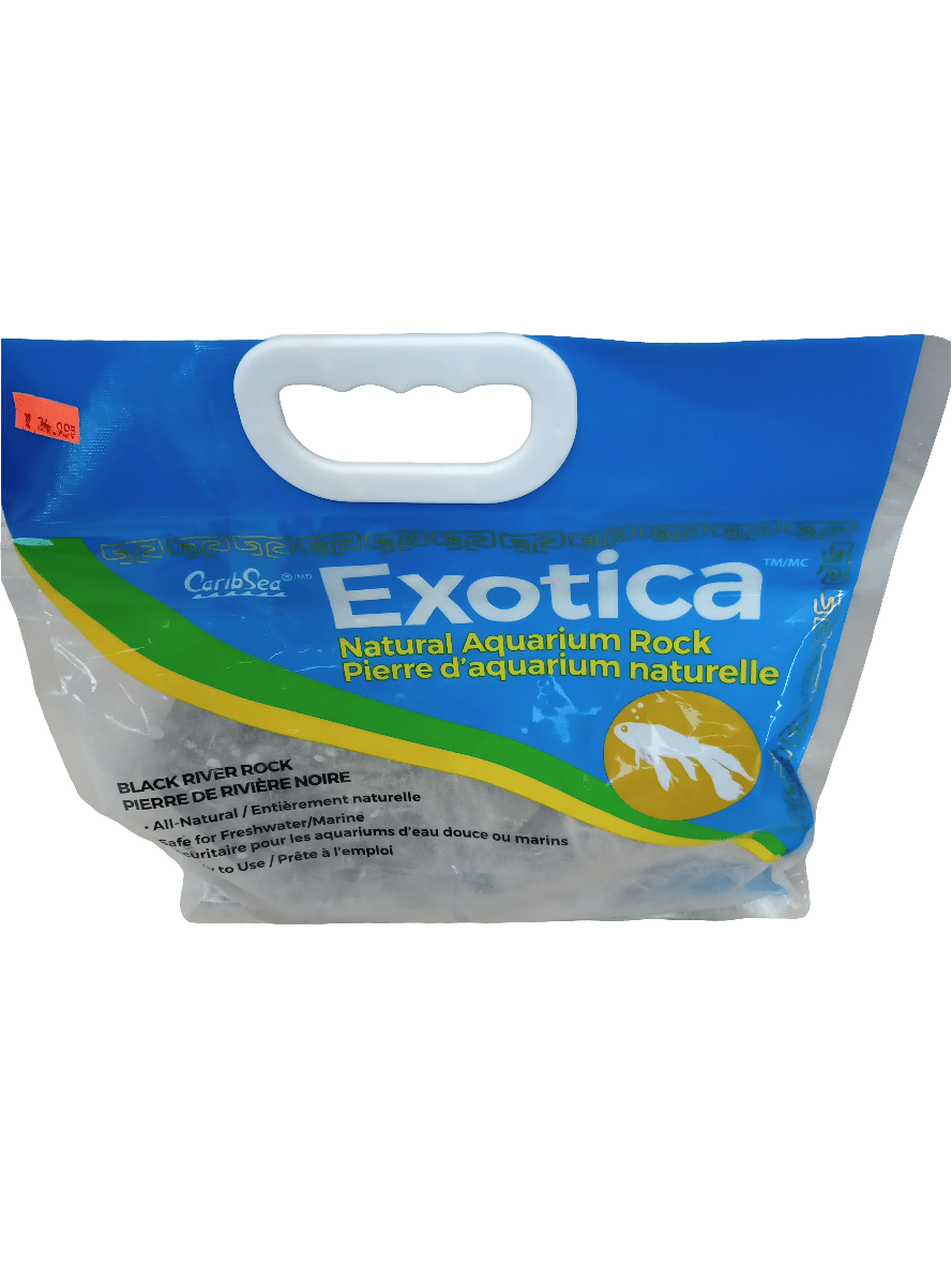 A 12 lb blue and clear plastic bag labeled Caribsea Exotica Black River Rock features a design with a blue background and a green stripe, along with a white handle at the top.