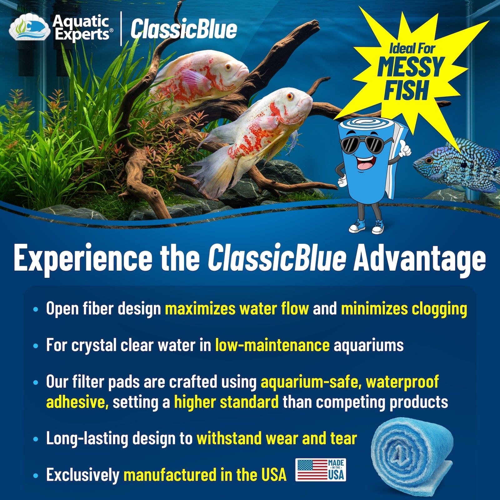 Classic Bonded Aquarium Filter Pad - Blue &amp; White Aquarium Filter Media Roll Bulk, Customizable for Most Filters