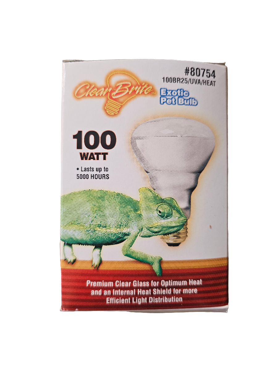 Packaging for the Clear-Brite Exotic Pet Basking 100 Watt bulb, featuring a green chameleon image. It boasts lasts up to 5000 hours and highlights a premium clear glass for heat along with an internal heat shield for efficient light distribution.