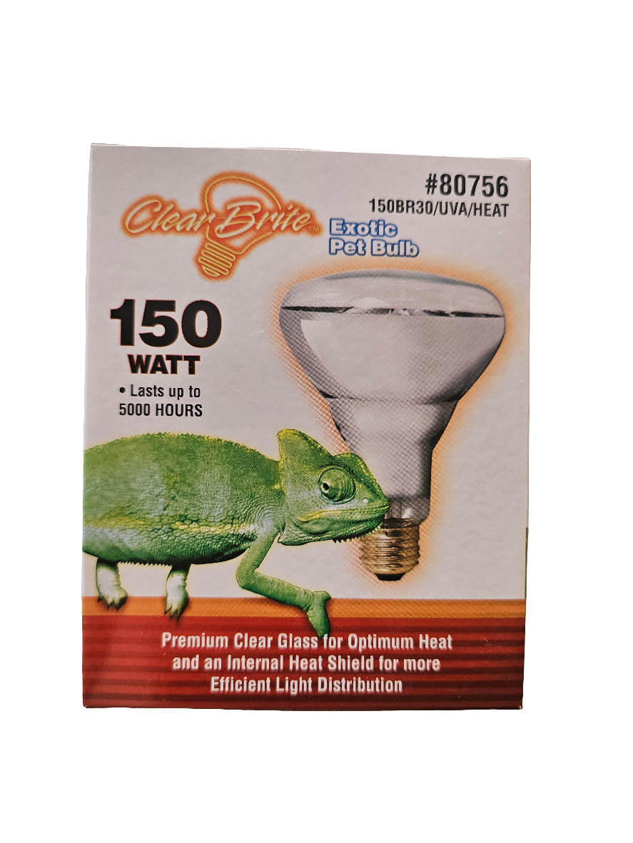 Packaging of a Clear-Brite 150-watt Exotic Pet Bulb features a chameleon image, highlights up to 5000 hours of use, and mentions premium clear glass for optimal heat and light distribution.