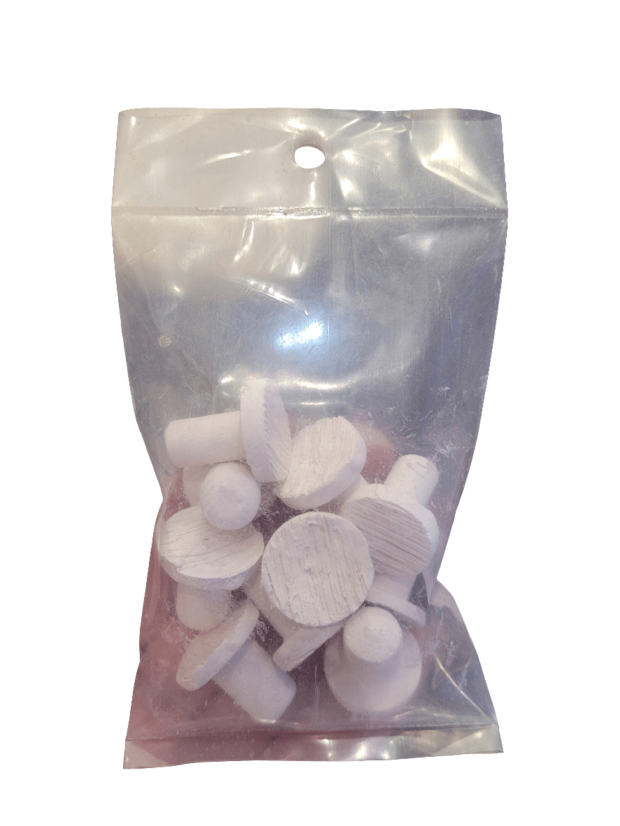 A clear plastic bag containing ten white, cylindrical wooden coral frag plugs, some featuring rounded tops. The bag is sealed with a hole at the top for easy hanging.