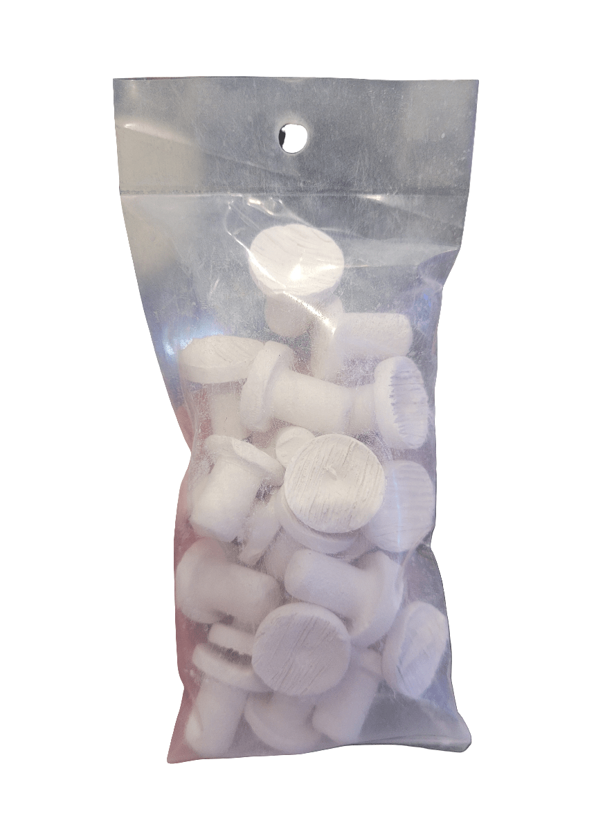 A transparent plastic bag containing twenty white mushroom-shaped Coral Frag Plugs, sealed at the top with a small round hole for hanging. The bag is standing upright.