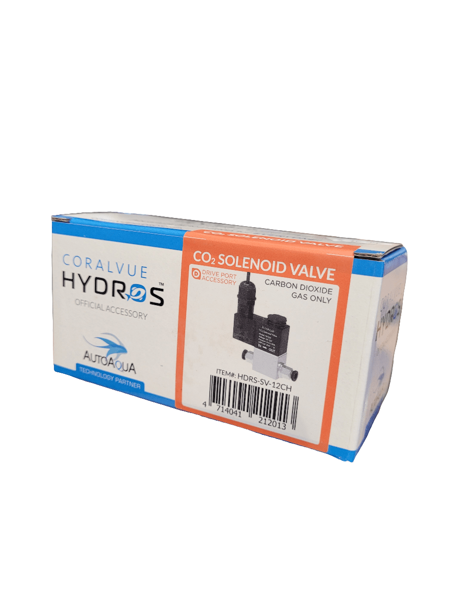 A product box labeled "Coralvue - Hydros CO2 Solenoid Valve" featuring branding and a small illustration of the valve. The primarily white box is accented with blue and orange. The text confirms it as an official accessory for carbon dioxide gas only.