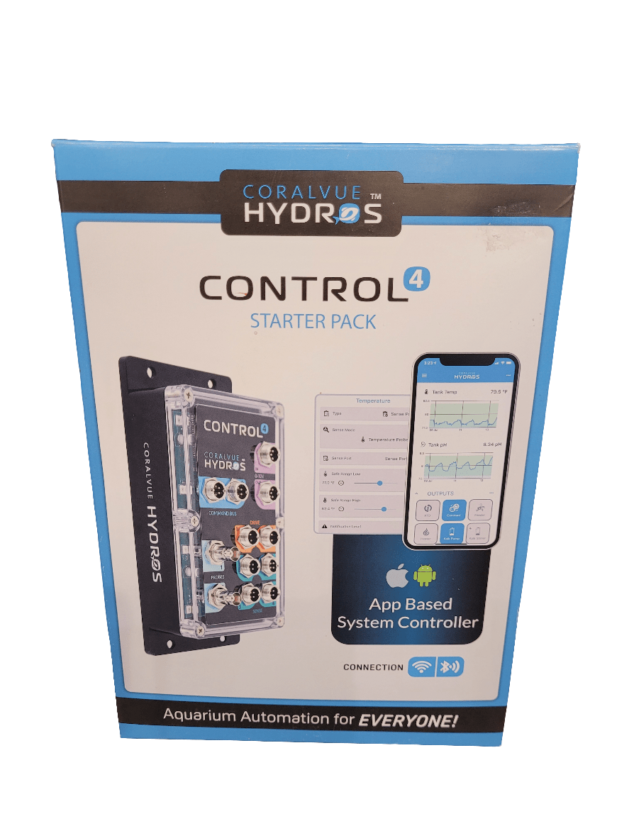 Box of the Coralvue - Hydros Control 4 Starter Pack, showcasing images of an aquarium controller and a smartphone with an app interface. The text emphasizes its app-based system and automated aquarium management features for users.