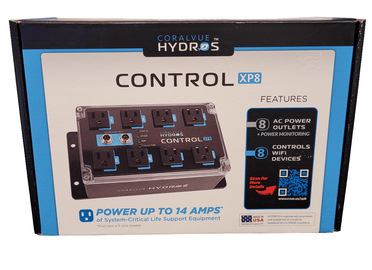 Packaging of the CoralVue - Hydros Control XP8 displays an image of the smart power control unit equipped with eight AC outlets. The text emphasizes features such as power monitoring and WiFi controls. A QR code and an American flag are located in the bottom right corner.