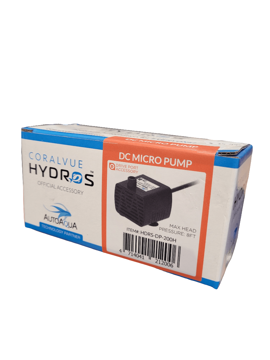 A box labeled Coralvue - Hydros DC Micro Pump showcasing a DC micro pump. The packaging presents product details, including Drive Port Accessory and specifications such as max head and pressure.