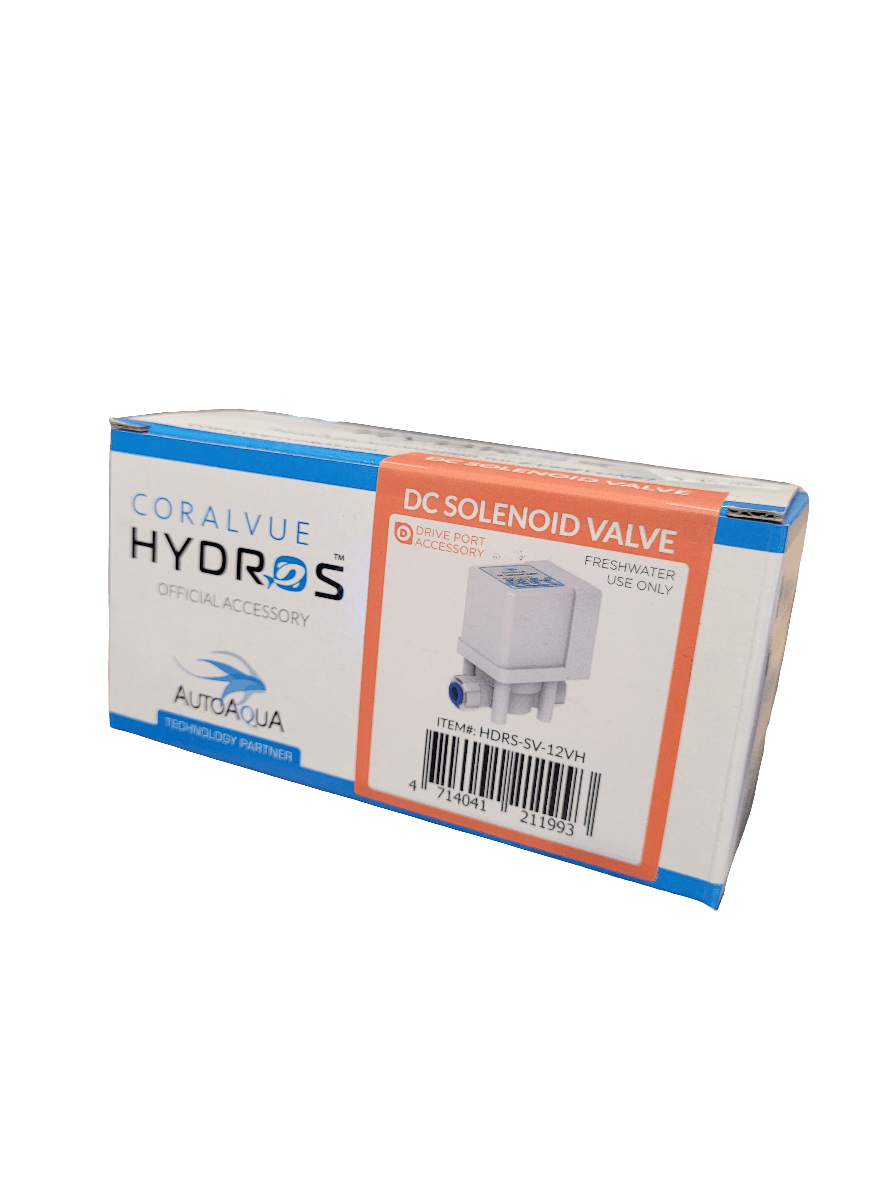 The packaging displays an image of the Coralvue - Hydros DC Solenoid Valve and emphasizes that it is an official accessory designed specifically for freshwater use only. The item number HDRS-SV-12VH is also visible.