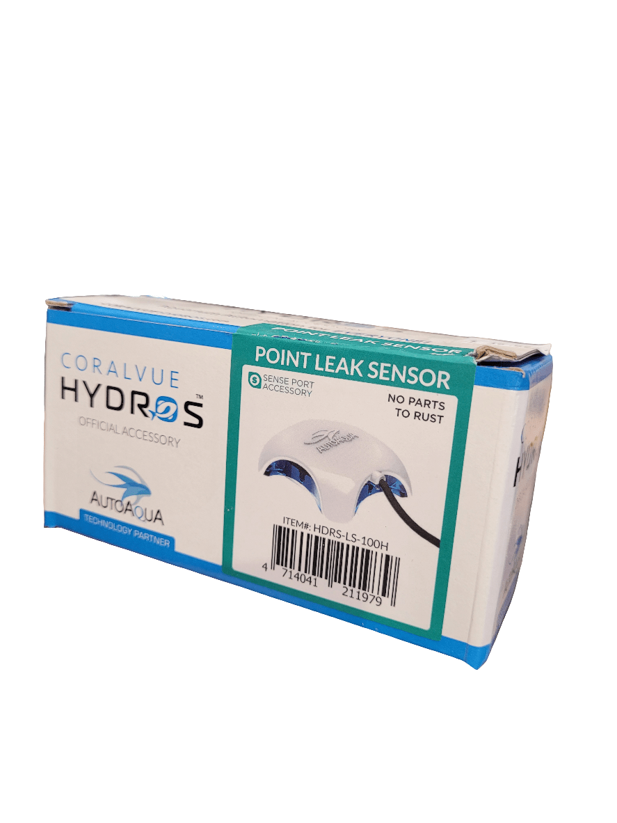 The image displays a product box labeled as the Coralvue - Hydros Point Leak Sensor, an official accessory featuring Sense Port Accessory and No Parts to Rust. A barcode and item number are also visible on the packaging.