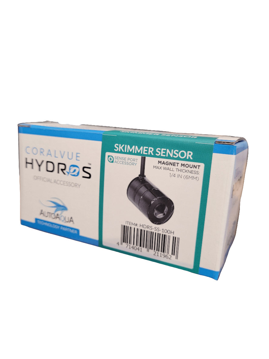 Packaging for the Coralvue Hydros Skimmer Sensor: The box is mainly white with blue accents, displaying images of the sensor and details like its Magnet Mount and Sense Port Accessory.