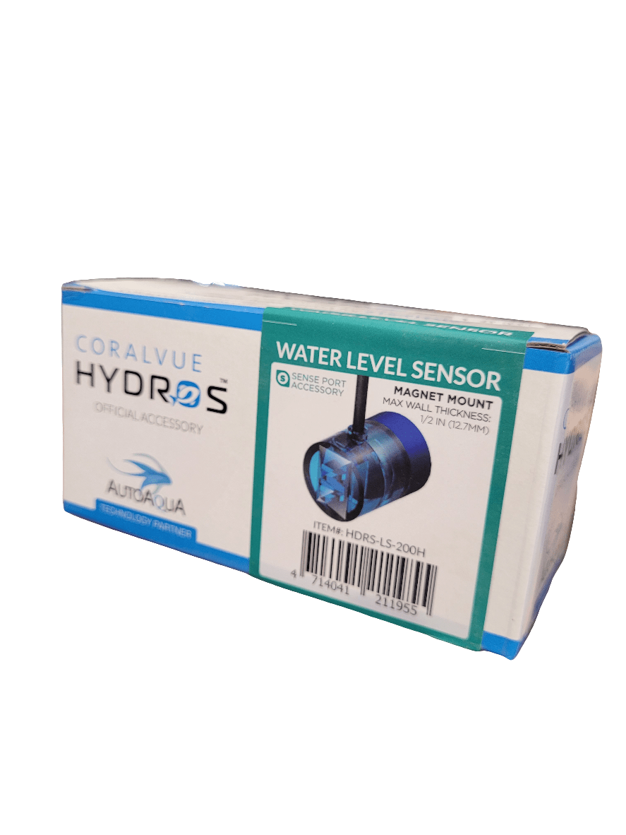 The Coralvue - Hydros Water Level Sensor comes in a rectangular box marked as an official accessory, featuring a blue and white design that includes product details and an image of the sensor on the front.