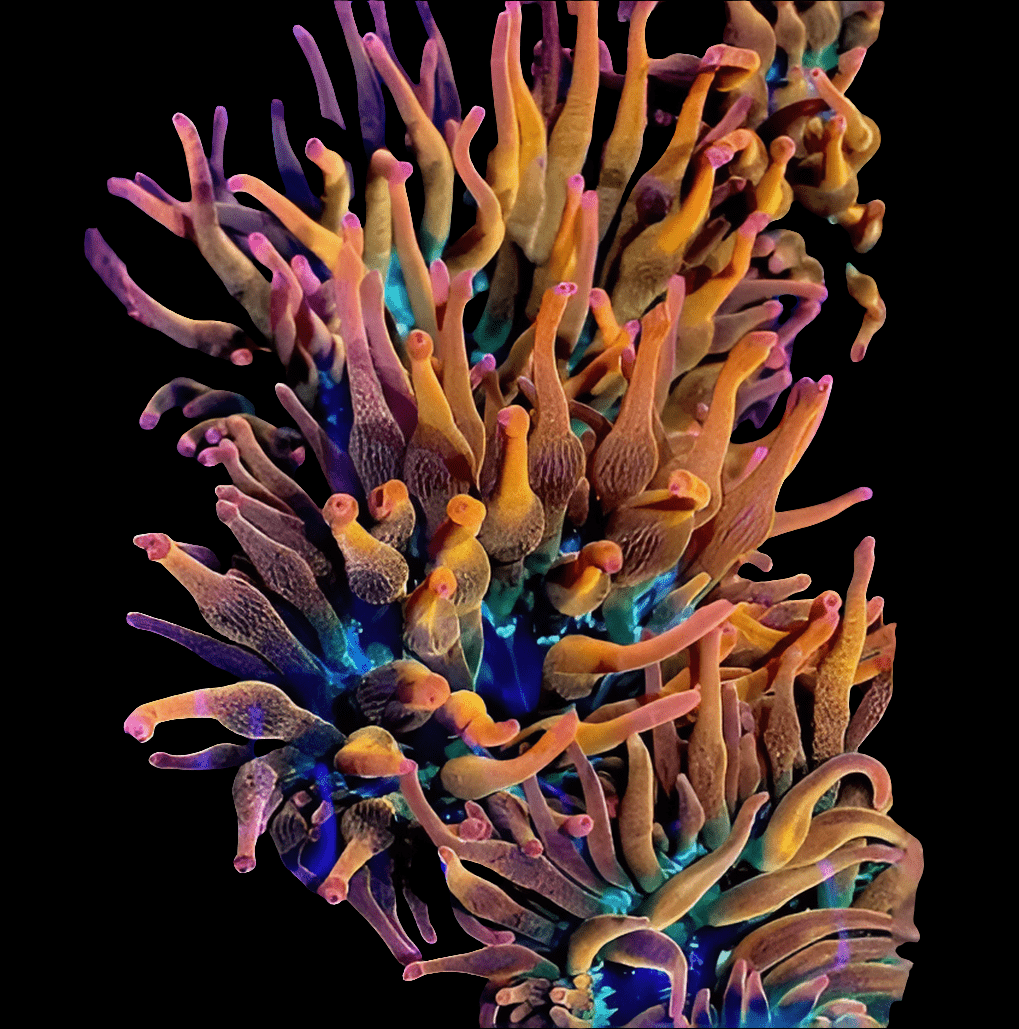 A vibrant, colorful close-up of a DC Neutron Rainbow BTA - Entacmaea quadricolor, showcasing its intricate orange, pink, and purple tentacles against a dark background. The tentacles are intricately detailed and appear luminous.