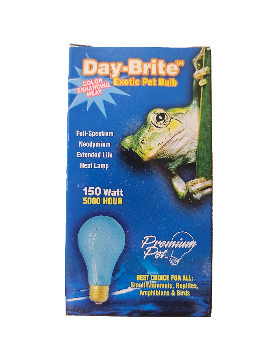 Box of Day-Brite Exotic Pet Bulb with a frog image, labeled Full-Spectrum Neodymium Extended Life Heat Lamp, offering 150 Watts for 5000 hours. Ideal for reptiles, small mammals, amphibians & birds.