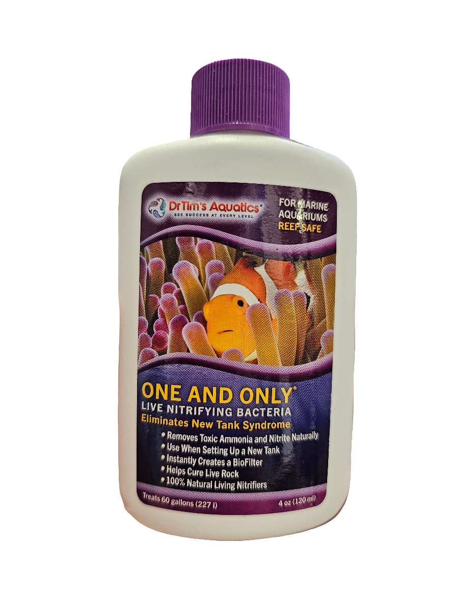 A 4oz bottle of Dr. Tim's Aquatic One And Only Marine, featuring live nitrifying bacteria, claims to eliminate new tank syndrome and promote a healthy reef environment, with its label displaying vibrant coral graphics.