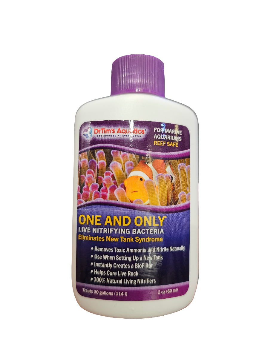 This 2-ounce bottle of Dr. Tim's Aquatics One and Only Live Nitrifying Bacteria is specially formulated for marine aquariums, promising to reduce ammonia and nitrite levels. The packaging features an image of a coral reef and is capable of treating up to 30 gallons.