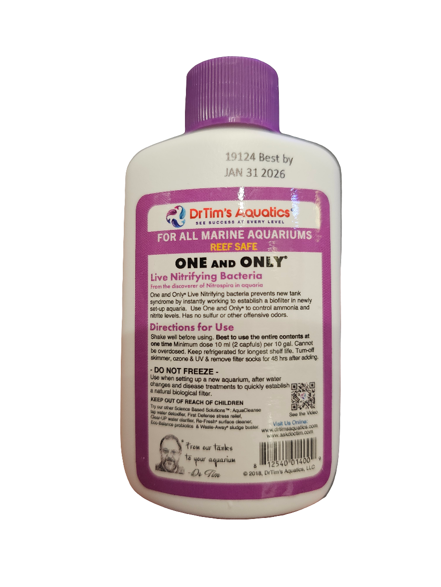 A 2 oz bottle of Dr. Tim's Aquatics One and Only Live Nitrifying Bacteria for marine aquariums features a purple and white label that includes usage directions, warnings, and an expiration date of January 31, 2026.