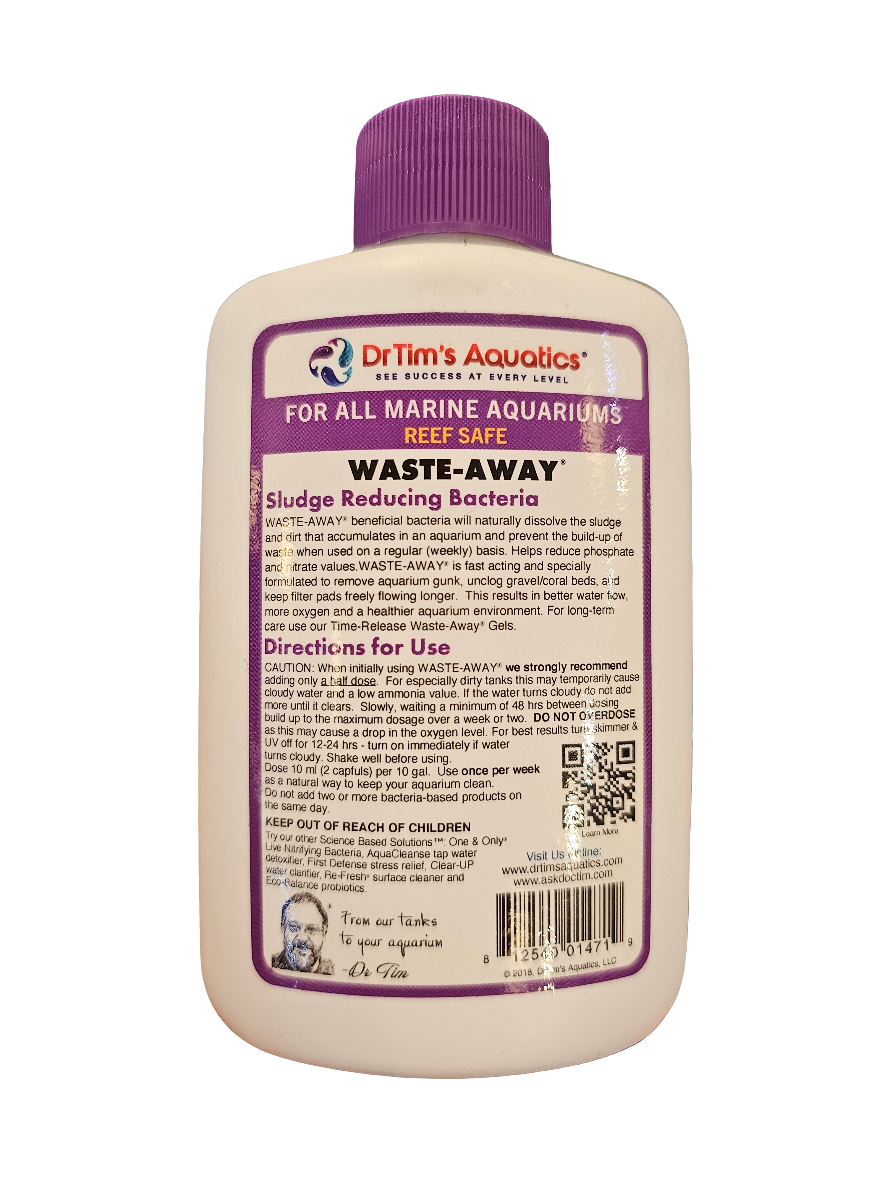 A 4-ounce bottle of Dr.Tim's Aquatics Waste Away, a sludge-reducing bacteria suitable for all marine aquariums. The packaging includes directions for use and safety information and features a white bottle with a purple label.