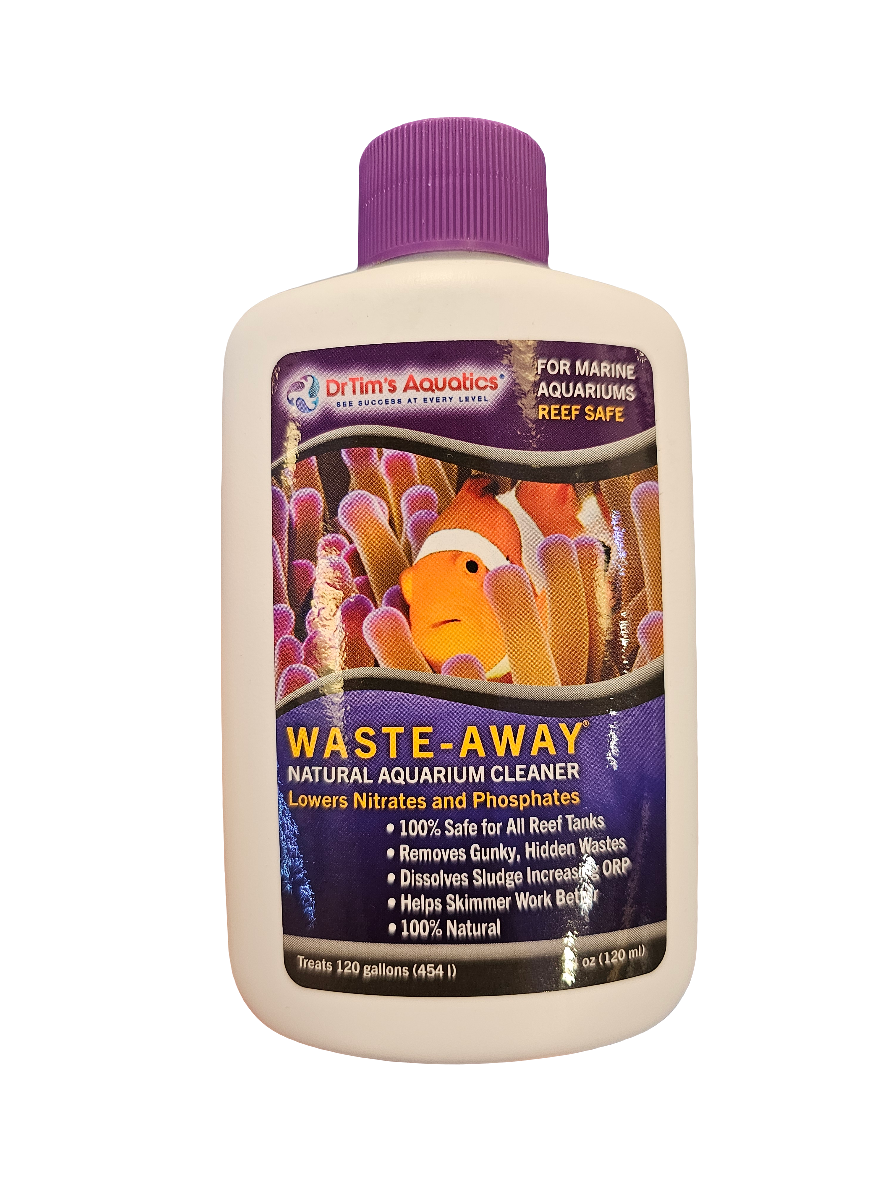 A 4 oz bottle of Dr.Tim's Aquatics - Waste Away - Marine, a natural cleaner for marine aquariums. The label showcases an image of coral and a fish, emphasizing its advantages such as reducing nitrates and phosphates. It treats up to 120 gallons.