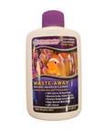 A 4 oz bottle of Dr.Tim's Aquatics - Waste Away - Marine, a natural cleaner for marine aquariums. The label showcases an image of coral and a fish, emphasizing its advantages such as reducing nitrates and phosphates. It treats up to 120 gallons.