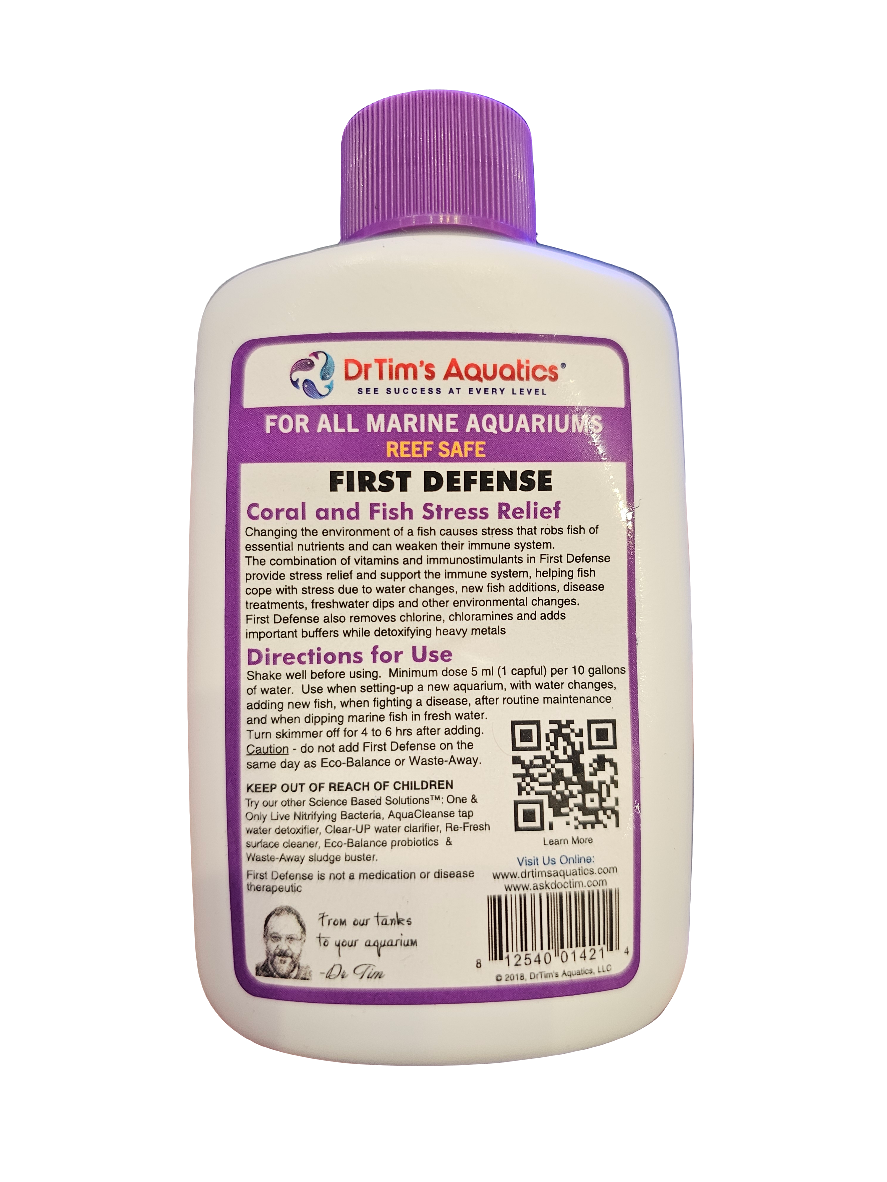 A 4oz bottle of Dr. Tim's First Defense - Marine, designed for marine aquariums. The label highlights stress relief for coral and fish, includes usage instructions, and features a QR code. It notes that the product is reef safe and showcases a small portrait of Dr. Tim.