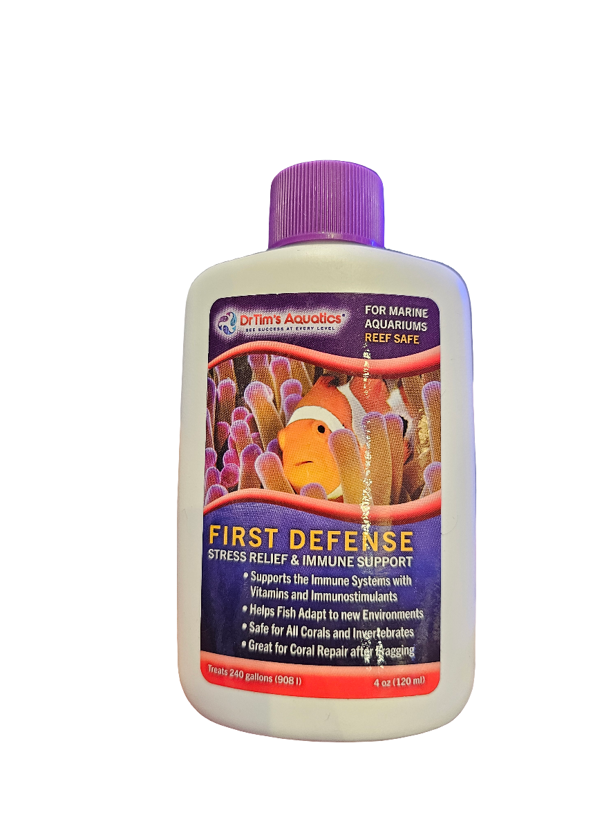 A 4 oz (120 mL) bottle of Dr. Tim's First Defense - Marine, featuring a purple cap and a label with an orange clownfish, designed for marine aquariums to provide stress relief and immune support. It treats up to 240 gallons (906 L).