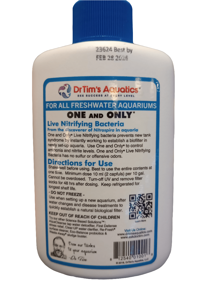 A bottle of Dr. Tim's One and Only Freshwater 4oz. The label includes usage directions, a QR code, and a warning to keep out of reach of children, with an expiration date showing Feb 29, 2026.