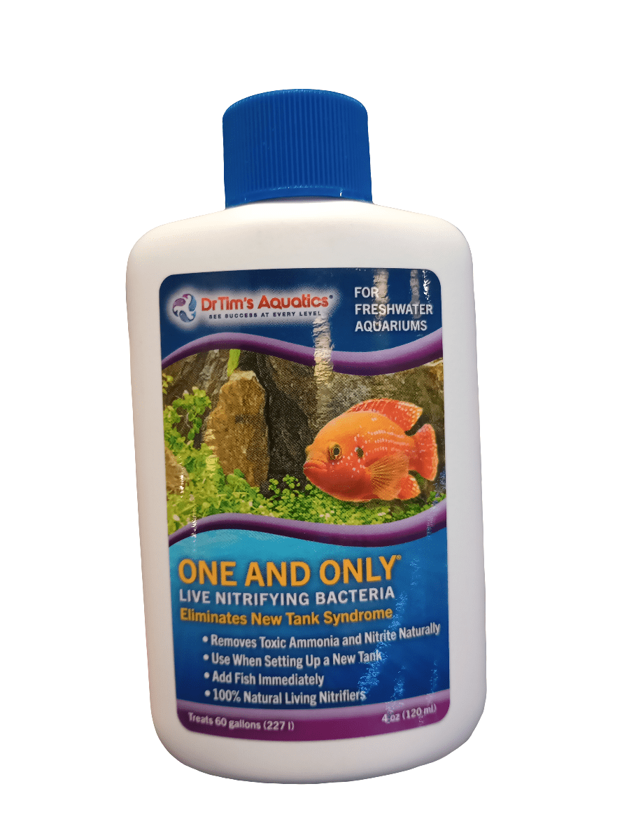 A 4oz bottle of Dr. Tim's One and Only Freshwater for aquariums contains live nitrifying bacteria, helps eliminate New Tank Syndrome, removes toxins, and is safe for both fish and plants. The label features an image of a fish.