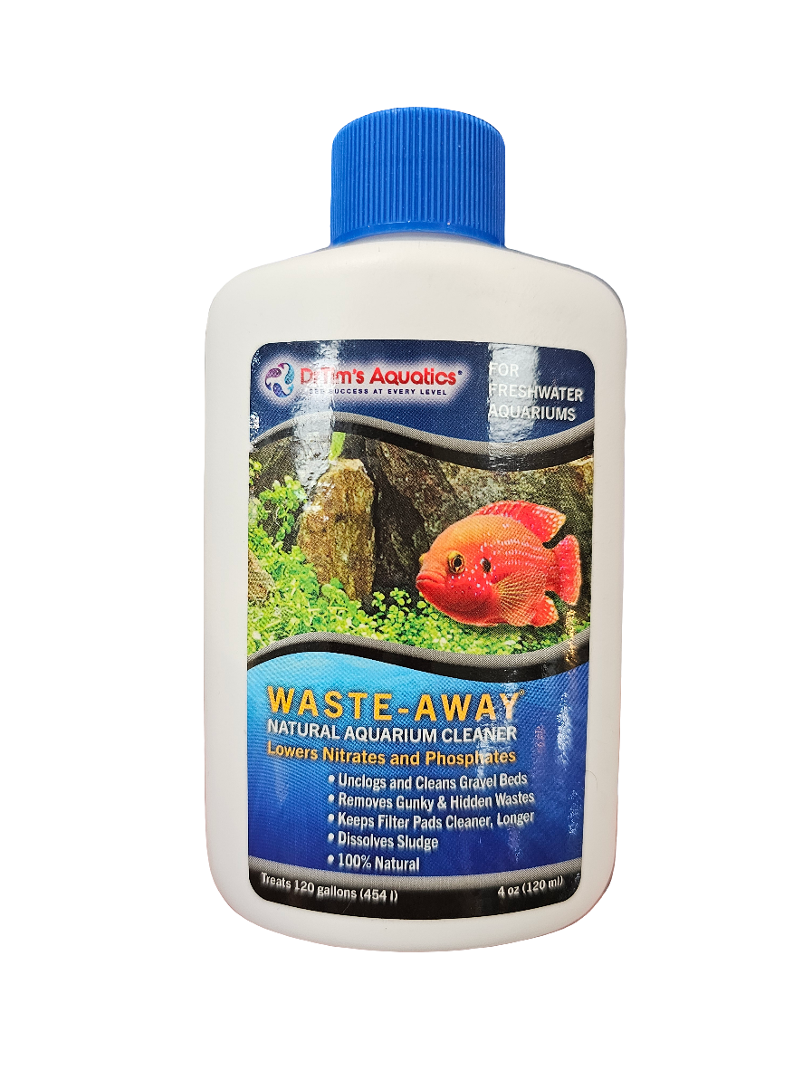 A 4 oz bottle of Dr. Tim's Waste Away Freshwater with a blue cap. The label showcases a vibrant fish and aquarium plants, emphasizing its effectiveness in reducing nitrates, phosphates, and cleaning aquarium gravel.