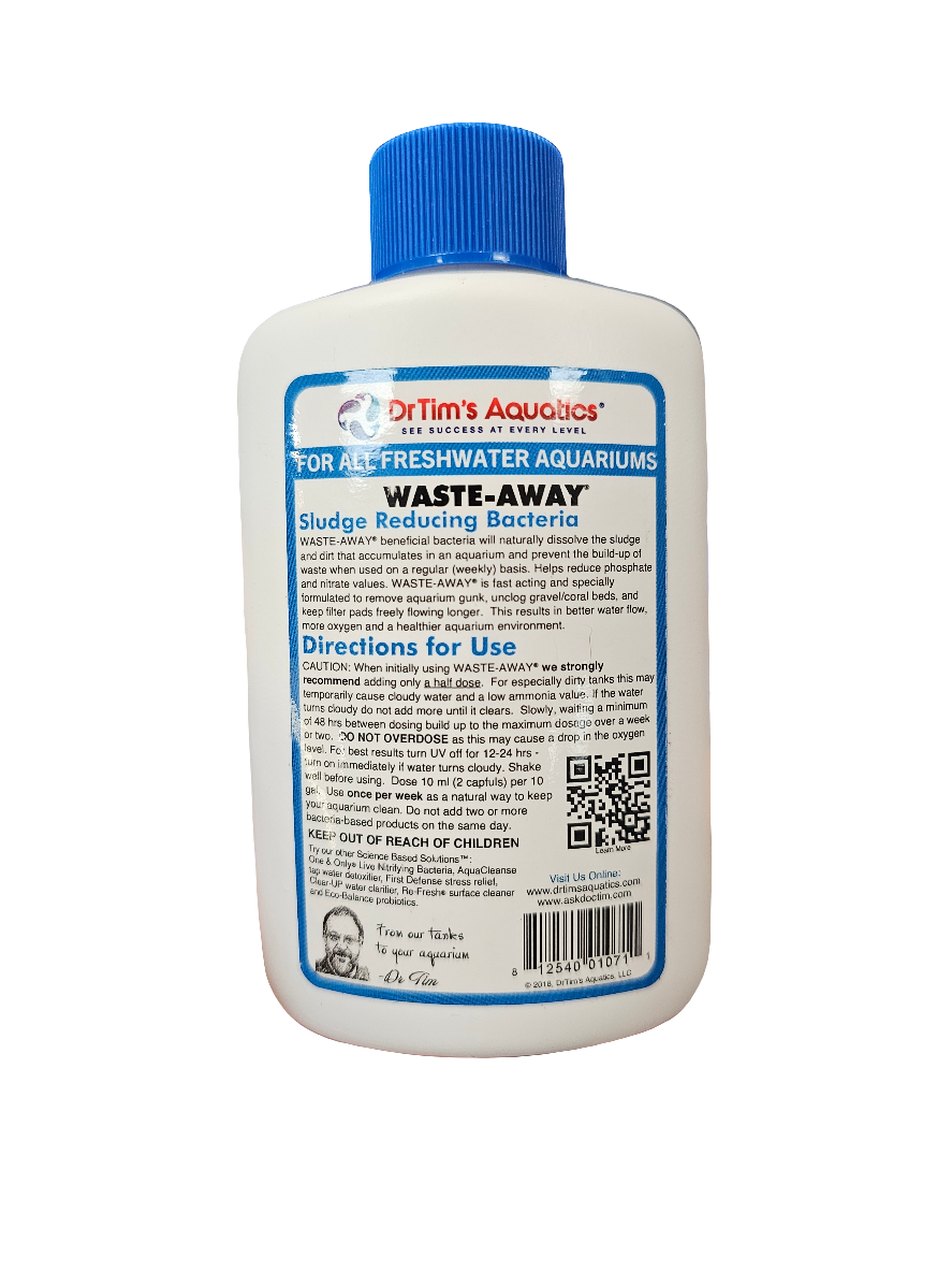 A 4 oz bottle of Dr. Tim's Waste Away, specifically crafted for freshwater aquariums, comes in a white bottle with a blue cap. It includes detailed instructions on the label, featuring a QR code and important cautionary information.