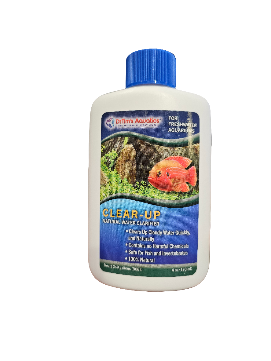 A bottle of Dr.Tims Aquatics Clear Up For Freshwater is designed for freshwater aquariums, featuring images of fish and an aquarium scene on the label. This product promises to clear cloudy water promptly and safely without using harmful chemicals.