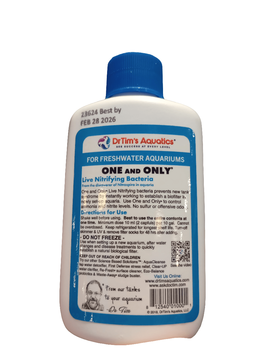 A 2 oz bottle of Dr. Tim's Aquatics One And Only for freshwater aquariums, featuring a blue label with instructions and a white cap, specifically formulated to introduce live nitrifying bacteria and prevent new tank syndrome. Best by February 28, 2026.