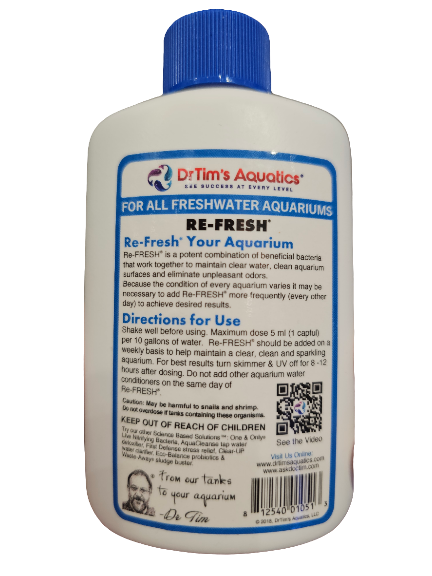 A 250 ml white bottle with a blue cap, labeled Dr.Tims Aquatics Re-Fresh For Freshwater. The label features usage instructions, a QR code, and the warning "Keep out of reach of children.