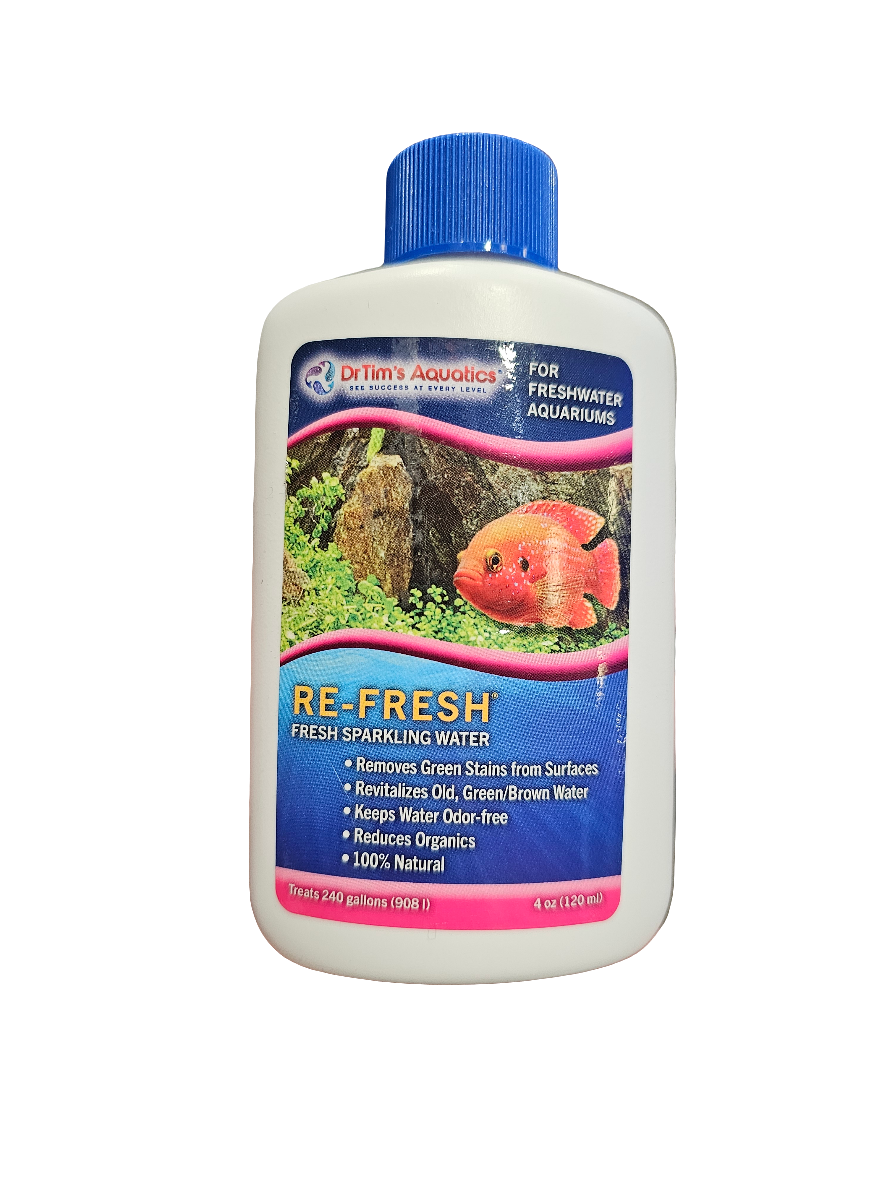 A bottle of DrTim’s Aquatics Re-Fresh for freshwater aquariums. The label features a fish and text highlighting its natural benefits: removes green stains, revitalizes water, and treats 240 gallons. The odor-free solution comes with a distinctive blue cap.