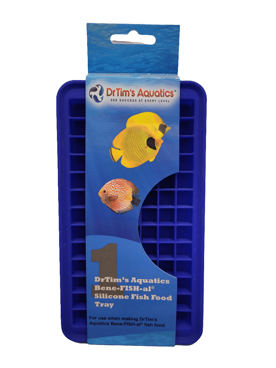 Image of a blue silicone food tray from Dr. Tims Aquatics. The packaging displays images of two fish and includes the text: DrTims Aquatics Bene-FISH-al Silicone Fish Food Tray.