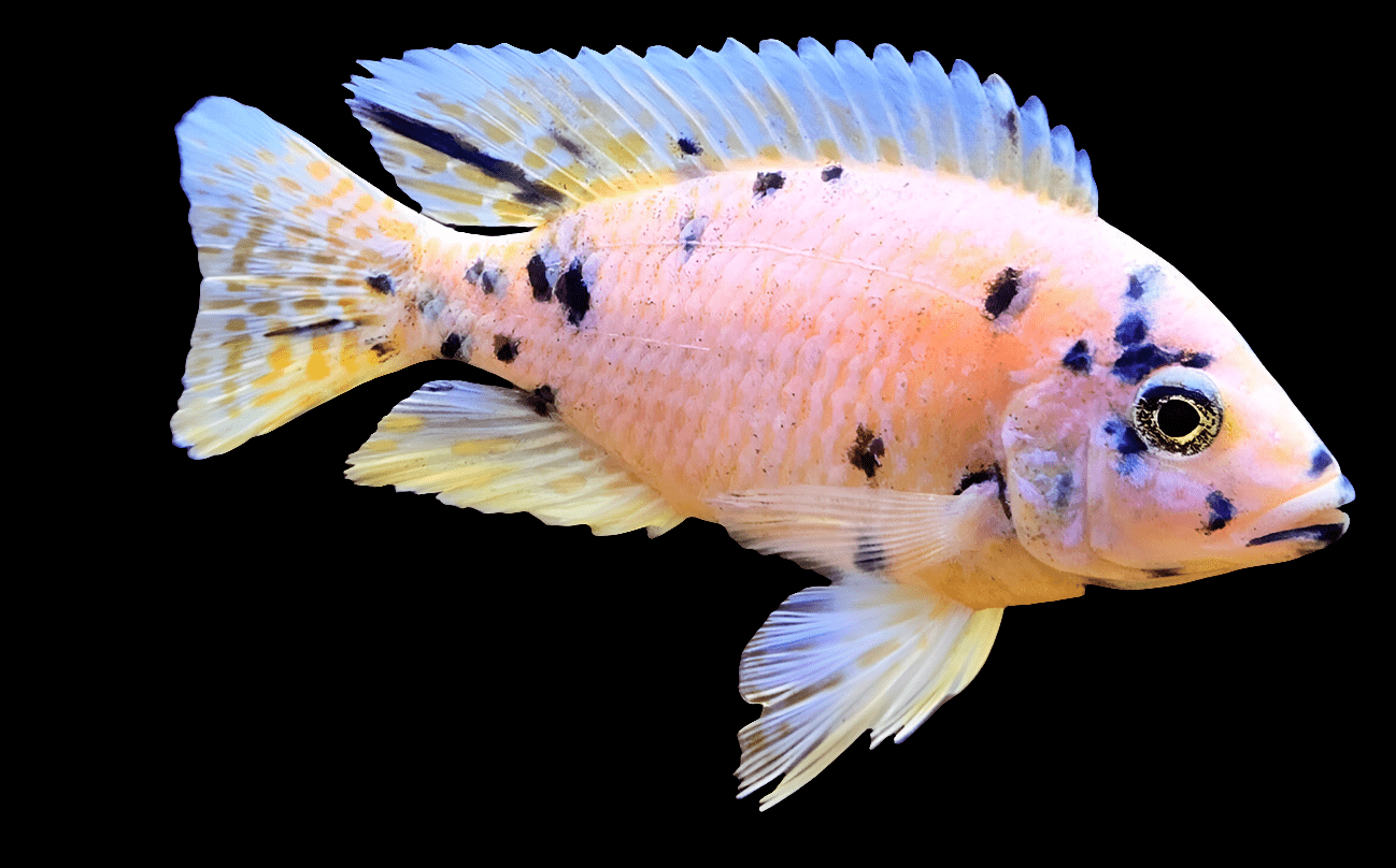 A vibrant Dragon Blood Cichlid - Large - OB Peacock Hybrid with a pale orange body, dark spots, and translucent fins set against a black background.