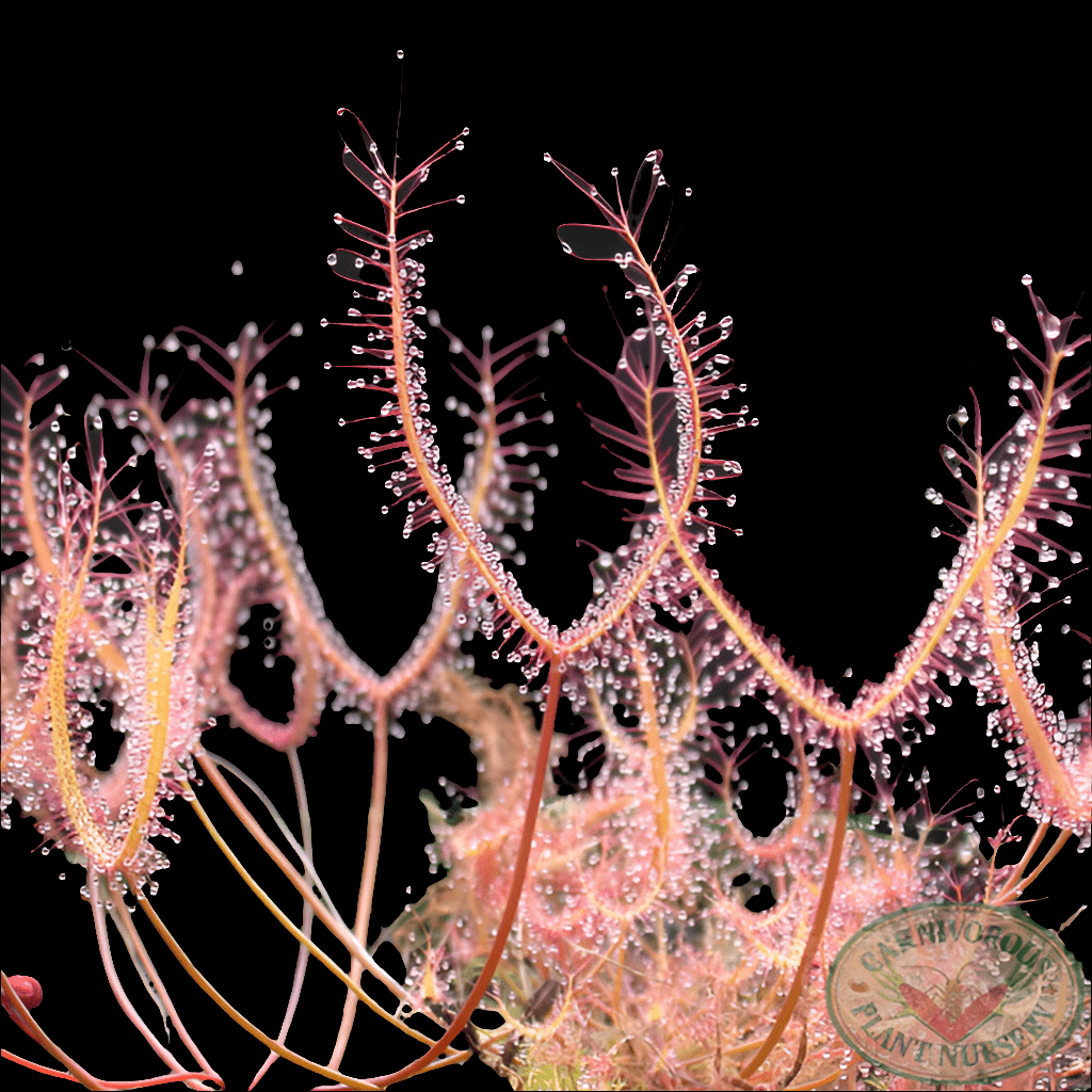 A close-up of the pink, tentacle-like Drosera binata, embellished with delicate, dew-like droplets on their fine hair structures against a black background. The logo of a plant nursery appears in the corner.