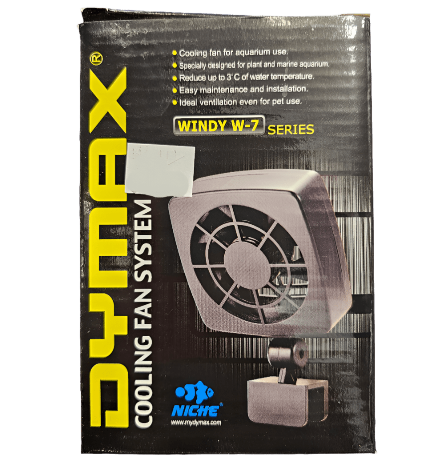 Box packaging for the Dymax - Cooling Fan System Windy W-7. It showcases an image of the fan, labeled as part of the Windy W-7 Series. The text emphasizes its suitability for aquariums, ease of maintenance, and energy efficiency. Additionally, the Niche brand logo is prominently displayed.