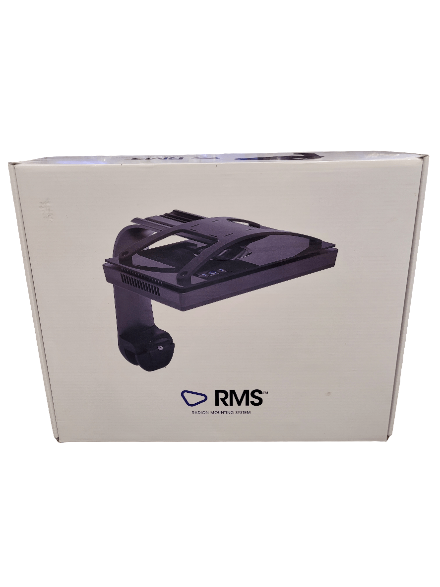 Box packaging showcasing a dark-colored Echotech XR30 roof mount speaker system, featuring the RMS Mounting System label with "Radar Mounting System" written underneath. The side profile of the speaker reveals the mounting hardware.