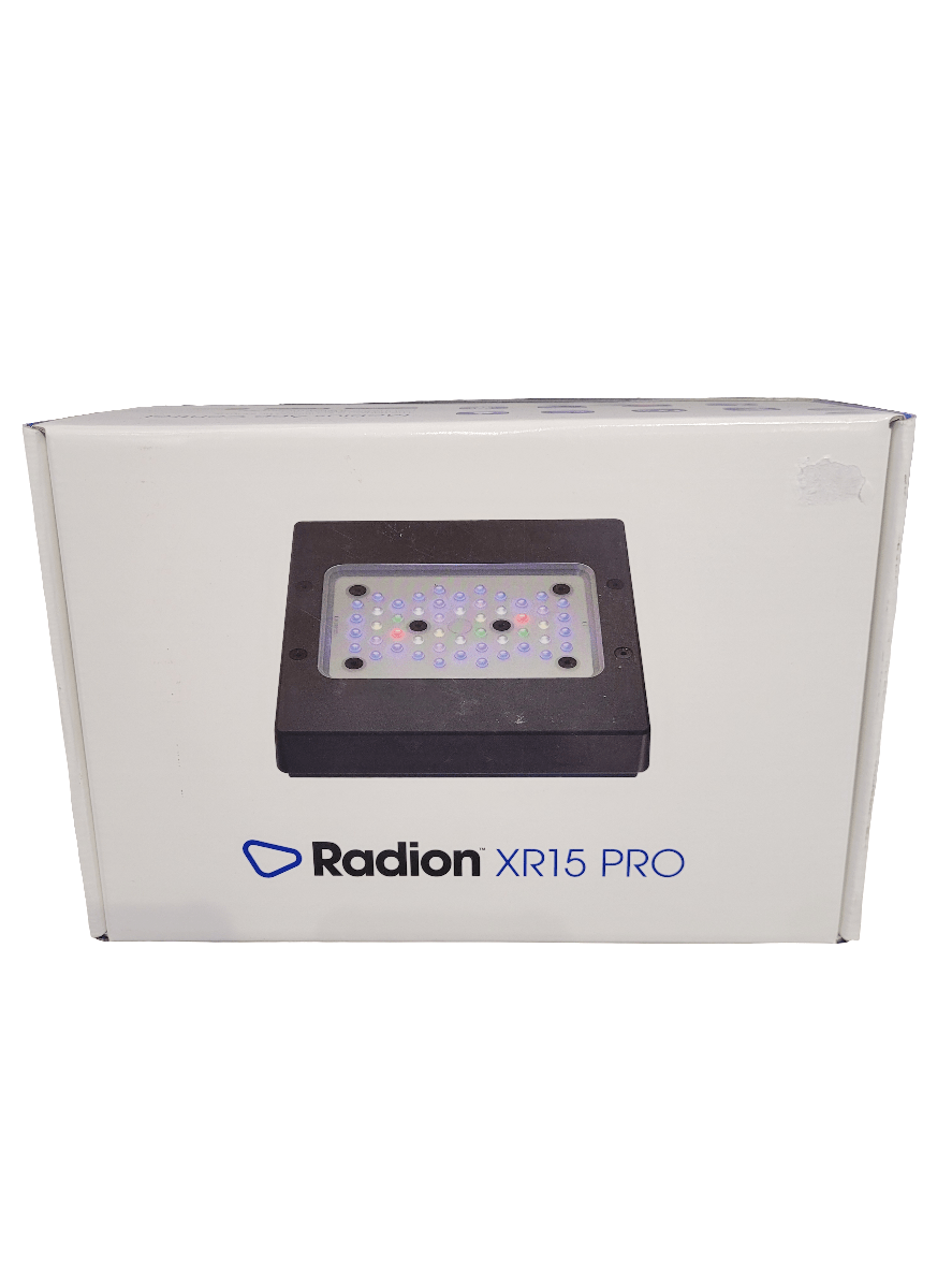 The product box for the Ecotech - Radion XR15 PRO Gen6 is displayed, showcasing an image of the light fixture with multiple LED lights in a range of colors and the product name written below.