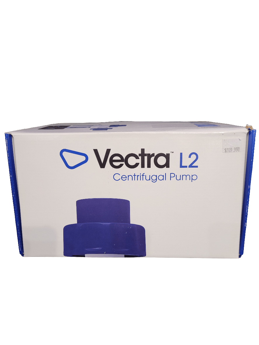 A white product box with blue accents for the Ecotech - Vectra L2 Centrifugal Pump is displayed, showcasing the product's logo and name on the front.