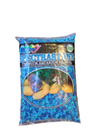 Estes Spectrastone Blue Jean 5lbs aquarium gravel features blue and turquoise stones, with packaging depicting fish and plants, emphasizing its suitability for aquariums.