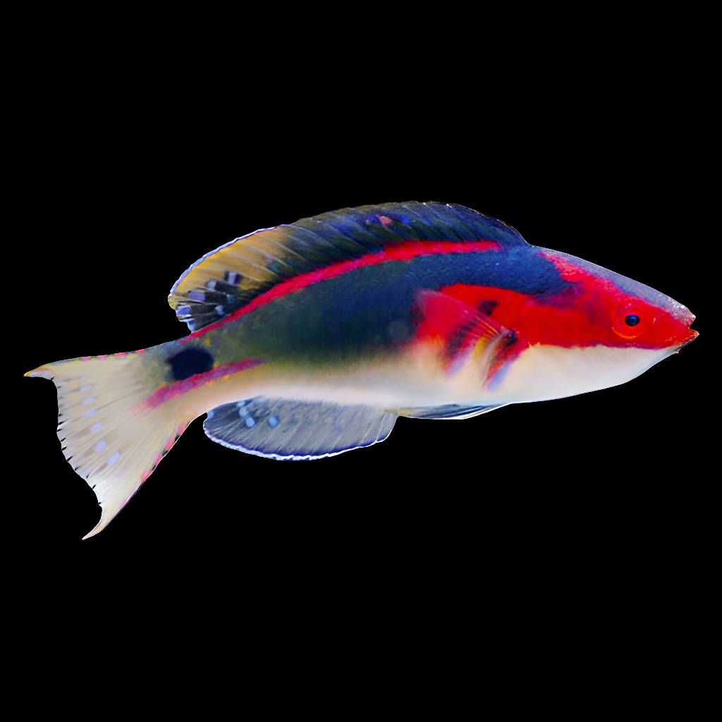 The Exquisite Fairy Wrasse (Cirrhilabrus exquisitus) features a red head, dark blue and red body, and translucent fins against a white background. This vibrant, peaceful carnivore is reef compatible and makes a stunning addition to any underwater landscape.