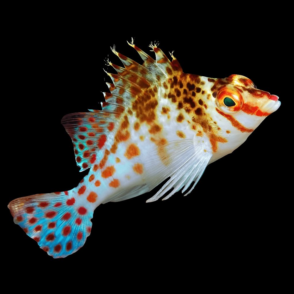 The Falco Hawk Fish, scientifically known as Cirrhitichthys falco, is a vibrant addition to any marine aquarium with its colorful Indo-Pacific origins. It features a white body adorned with orange spots and markings, paired with translucent fins and a bright blue and orange spotted tail set against a solid black background.