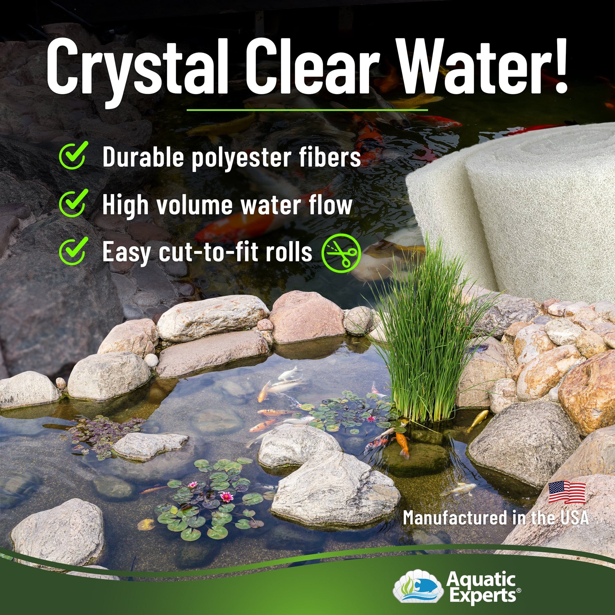Classic Koi Pond Filter Pad FINE - White Bulk Roll Filter Media, Ultra-Durable for Fish Ponds - Made in USA