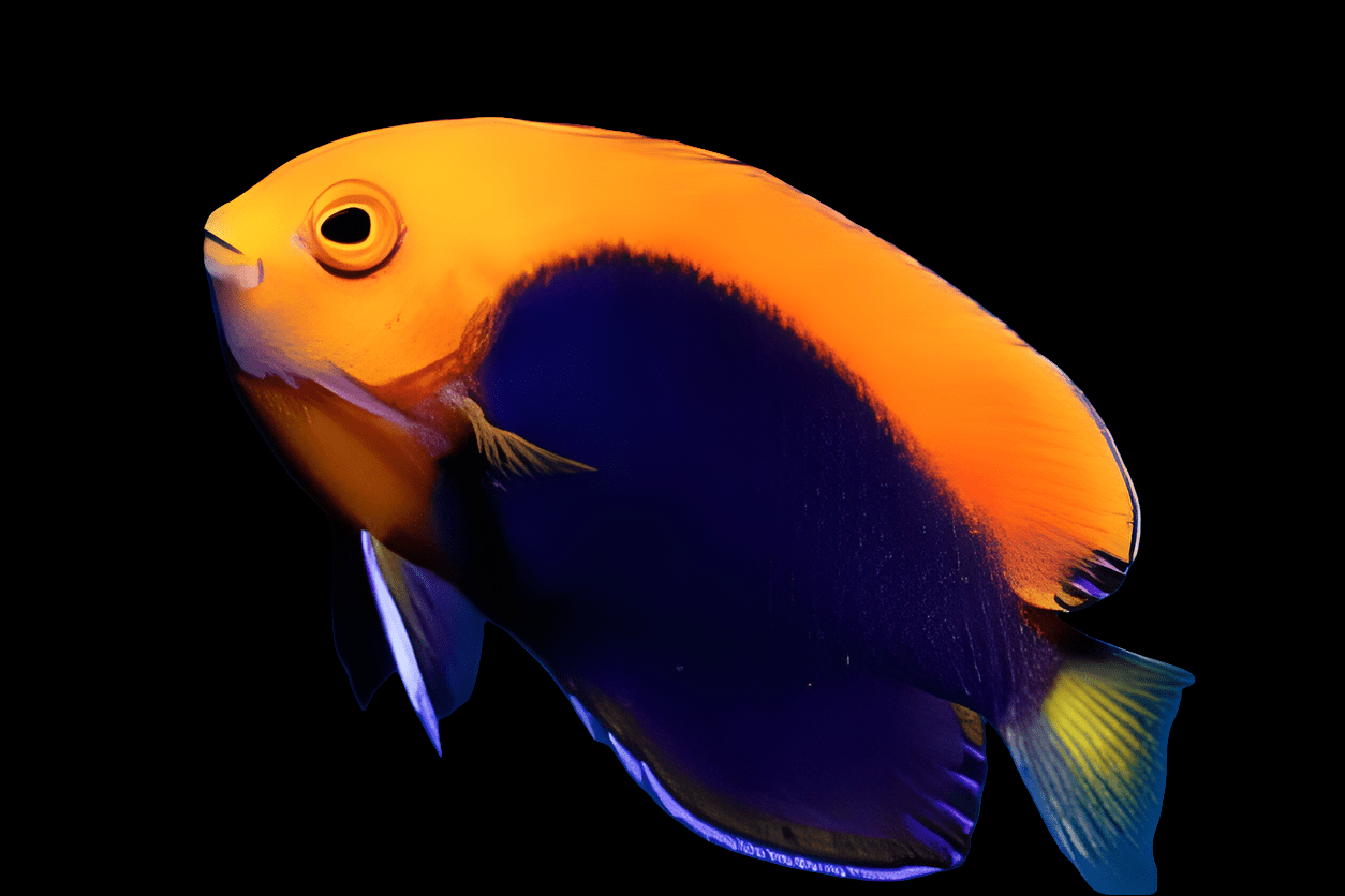 A vibrant Flame Back Dwarf Angel (Centropyge Acanthops) isolated against a black background. The fish features a striking color contrast with elongated fins and a rounded body shape.