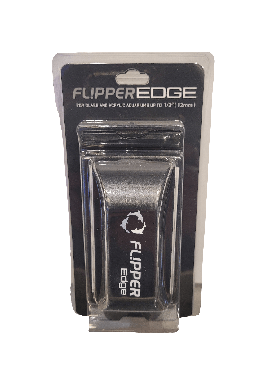 Packaging for the Flipper - Edge Magnetic Algae Scraper, suitable for glass and acrylic surfaces up to 1/2 inch thick. The package features a black cleaning tool with Flipper Edge branding alongside a stylized fish logo.