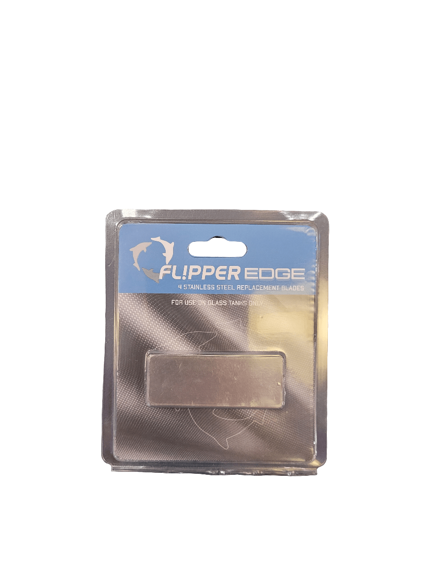 Packaging featuring the Flipper - Edge Replacement Blades label includes a set of four stainless steel replacement blades. The package is gray and has a transparent window that displays the blades inside.