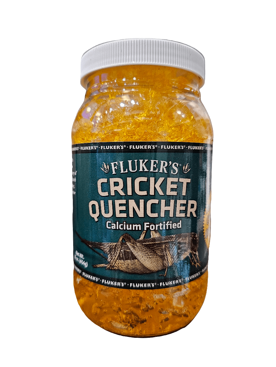 A jar of Fluker's - Cricket Quencher - Calcium Fortified 16oz, designed for feeder insects, features a label with a cricket image and green and white colors, contrasting with the orange jelly-like contents inside.